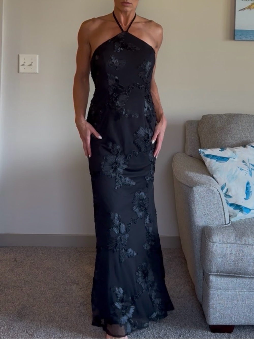 Black Halter Floral Embroidered Evening Gown